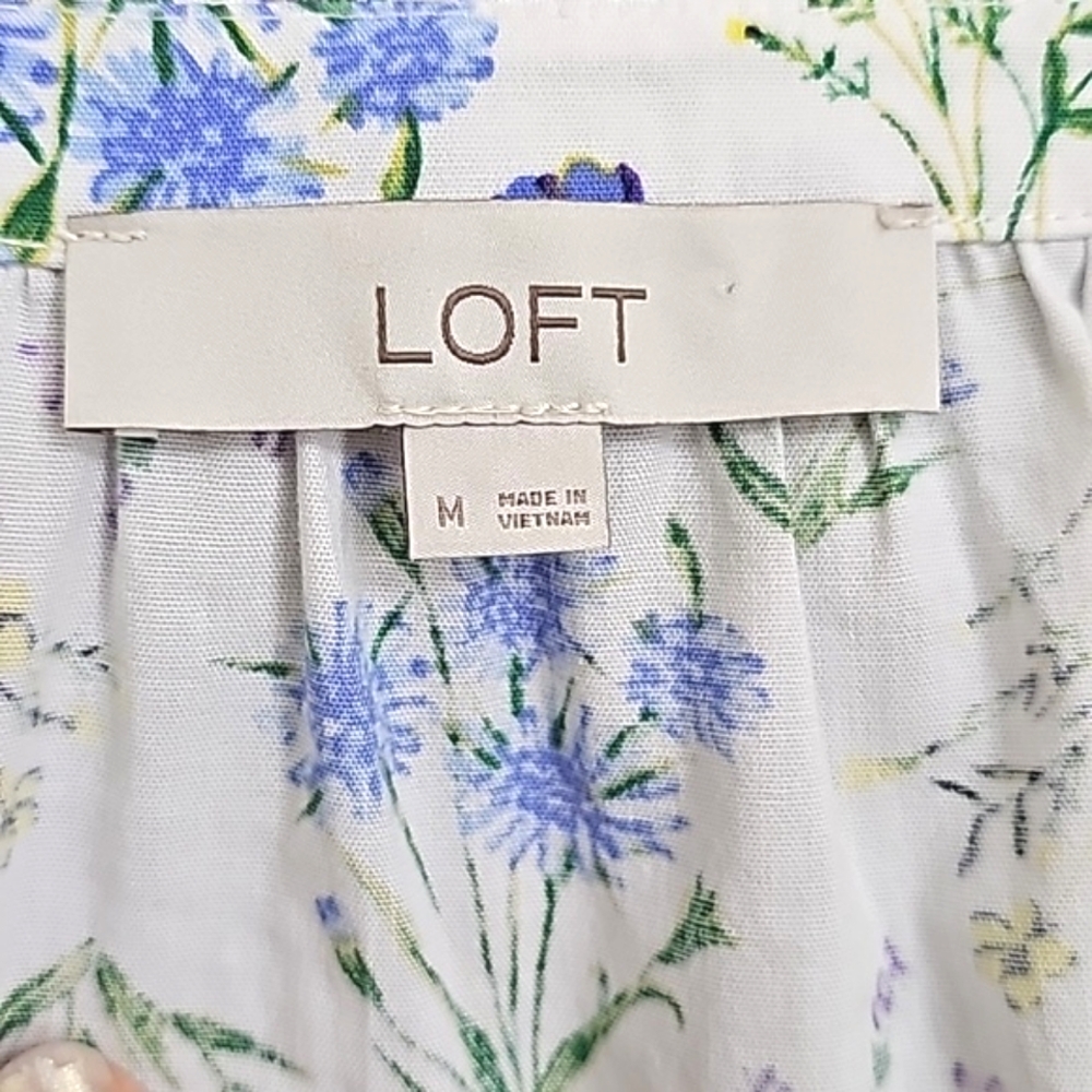 Nwot LOFT  White /Blue/Lavender Floral Puffed Sleeve Back Cutout Tier Midi Dress - Picture 4 of 16